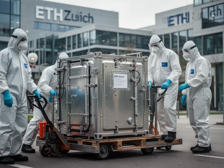 Spezialisten in Schutzanzügen transportieren einen versiegelten Behälter mit gefährlichen Chemikalien vor der ETH Zürich. - Foto: über boerse-global.de