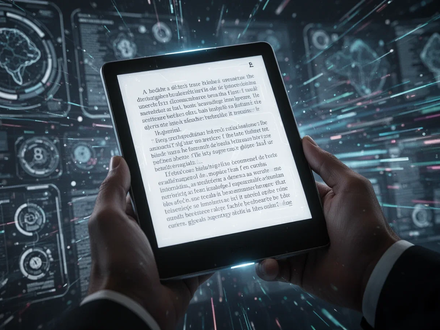 Close-up of hands holding a modern e-reader displaying text, with a blurred background suggesting digital information flow and AI. - Foto: über boerse-global.de