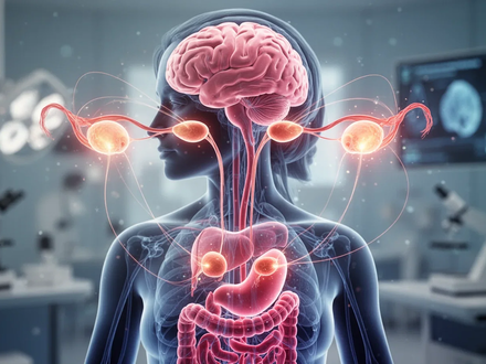 Eine abstrakte Darstellung des weiblichen endokrinen und metabolischen Systems mit subtil leuchtenden Verbindungen zwischen Organen. - Foto: über boerse-global.de