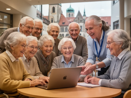 Senioren lernen digitale Kompetenzen an Laptops in einem modernen Gemeinschaftszentrum, angeleitet von einem freundlichen Lehrer. - Foto: über boerse-global.de