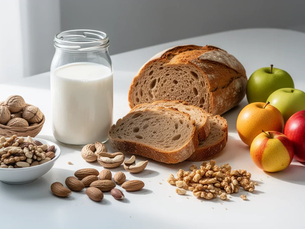 Eine Auswahl an Lebensmitteln wie Milch, Brot, Nüsse und Obst, die häufig Allergien oder Unverträglichkeiten auslösen. - Foto: über boerse-global.de