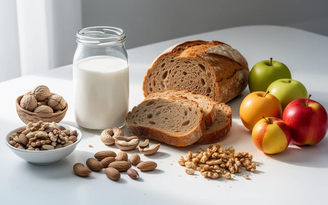 Eine Auswahl an Lebensmitteln wie Milch, Brot, Nüsse und Obst, die häufig Allergien oder Unverträglichkeiten auslösen. - Foto: über boerse-global.de