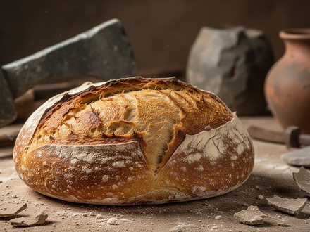 Ein rustikales Sauerteigbrot mit goldbrauner Kruste, im Hintergrund leicht verschwommen antike Werkzeuge aus der Kupferzeit. - Foto: über boerse-global.de