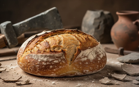 Ein rustikales Sauerteigbrot mit goldbrauner Kruste, im Hintergrund leicht verschwommen antike Werkzeuge aus der Kupferzeit. - Foto: über boerse-global.de