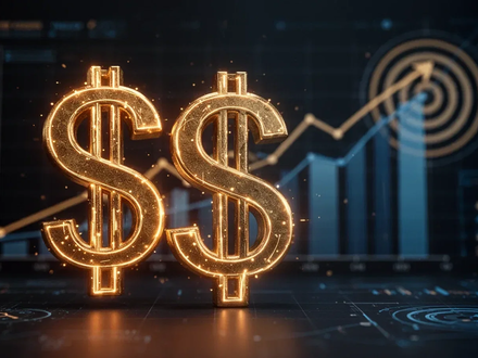 Ein stilisierter, leuchtender Dollar auf einem unscharfen Diagramm mit Aufwärtstrend und Ziellinie. - Foto: über boerse-global.de
