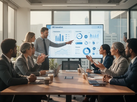 Eine Gruppe von Geschäftsleuten bespricht Talentakquise und Personalmanagement in einem modernen Büro mit digitalem Dashboard. - Foto: über boerse-global.de