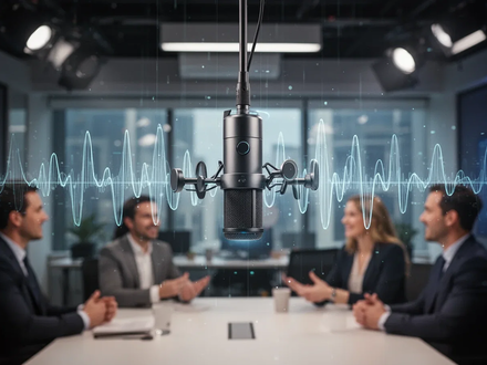 A modern ceiling microphone array with subtle digital waveforms, symbolizing AI audio processing and improved vocal clarity in a professional setting. - Foto: über boerse-global.de