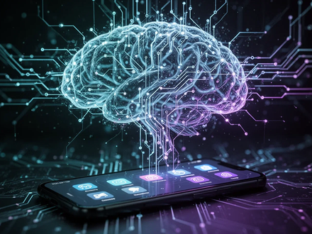 A glowing, intricate neural network web with integrated app icons, representing an AI super app on a dark background. - Foto: über boerse-global.de