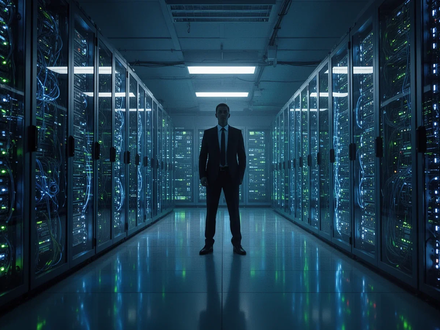 A sophisticated, dimly lit server room with glowing blue and green lights, and a silhouetted figure standing amidst the racks. - Foto: über boerse-global.de