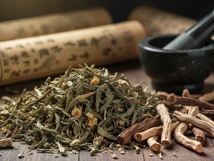 Nahaufnahme von getrockneten Kräutern und TCM-Zutaten, mit verschwommenen antiken Schriftrollen im Hintergrund. - Foto: über boerse-global.de