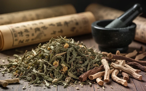 Nahaufnahme von getrockneten Kräutern und TCM-Zutaten, mit verschwommenen antiken Schriftrollen im Hintergrund. - Foto: über boerse-global.de