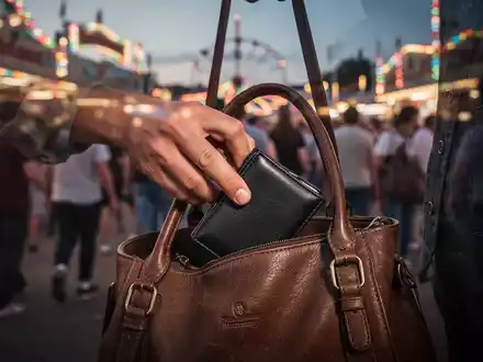 Eine Hand greift diskret in eine offene Handtasche vor dem verschwommenen Hintergrund eines lebhaften Volksfestes bei Dämmerung. - Foto: über boerse-global.de