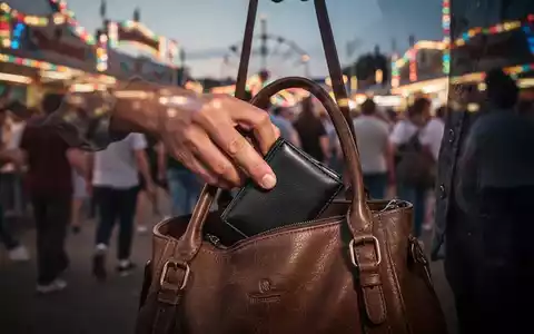 Eine Hand greift diskret in eine offene Handtasche vor dem verschwommenen Hintergrund eines lebhaften Volksfestes bei Dämmerung. - Foto: über boerse-global.de