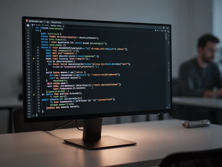 Nahaufnahme von Rust-Code auf einem Monitor, der sich auf einem Schreibtisch spiegelt, mit unscharfem Entwickler im Hintergrund. - Foto: über boerse-global.de
