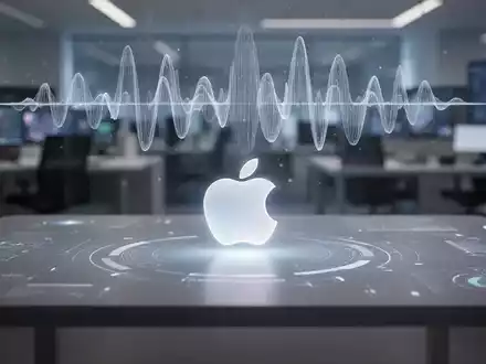 Ein futuristischer Schreibtisch mit einem leuchtenden Apple-Logo und einer schwebenden, ätherischen Siri-Wellenform, die KI-Integration andeutet. - Foto: über boerse-global.de