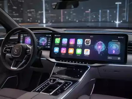 A modern car dashboard featuring a sophisticated Apple CarPlay interface with various widgets and a prominent display of the AI assistant. - Foto: über boerse-global.de