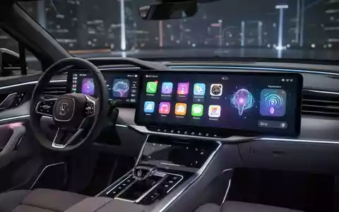 A modern car dashboard featuring a sophisticated Apple CarPlay interface with various widgets and a prominent display of the AI assistant. - Foto: über boerse-global.de