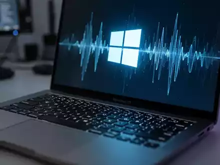 Close-up of a laptop keyboard with a Windows 11 logo on the screen, reflecting digital sound waves, suggesting audio troubleshooting. - Foto: über boerse-global.de