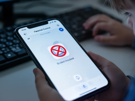 A smartphone screen showing a parental control app with a blocked application. A child's hand is blurred in the background, near a keyboard. - Foto: über boerse-global.de