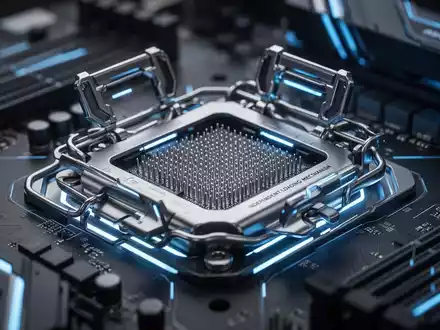 Close-up of a futuristic CPU socket with intricate pins and a dual-lever mechanism on a motherboard, illuminated by blue light. - Foto: über boerse-global.de