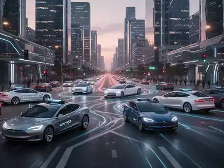 Two futuristic autonomous vehicles, one sleek and white, the other dark and angular, driving on a highway at dusk. - Foto: über boerse-global.de