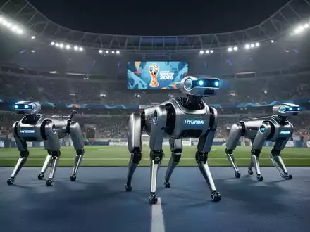 Zwei futuristische Roboterhunde von Hyundai mit leuchtend blauen Augen patrouillieren in einem modernen Fußballstadion. - Foto: über boerse-global.de