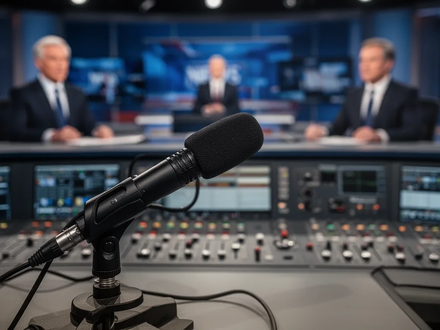 Ein professionelles Radiomikrofon in einem Nachrichtenstudio, im Hintergrund verschwommen ein Kontrollpult und Umrisse von Moderatoren. - Foto: über boerse-global.de