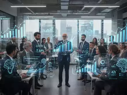 Geschäftsleute interagieren mit holografischen Anzeigen, die Arbeitsmarktdaten und KI-Anwendungen in einem modernen Büro visualisieren. - Foto: über boerse-global.de