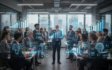 Geschäftsleute interagieren mit holografischen Anzeigen, die Arbeitsmarktdaten und KI-Anwendungen in einem modernen Büro visualisieren. - Foto: über boerse-global.de