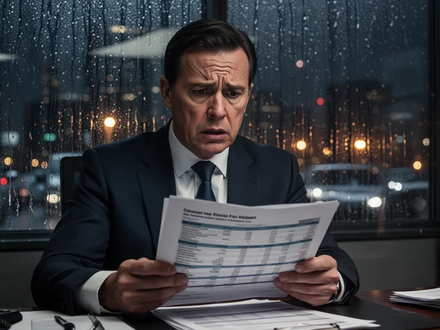 Ein besorgter Manager in einem Automobilbüro betrachtet einen Finanzbericht, während Regen über das Fenster läuft. Die Szene ist düster und spiegelt wirtschaftlichen Druck wider. - Foto: über boerse-global.de