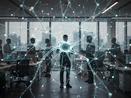 Ein stilisiertes, leuchtendes neuronales Netz über einem modernen Büro, das die Integration von KI in die Arbeitswelt darstellt. - Foto: über boerse-global.de