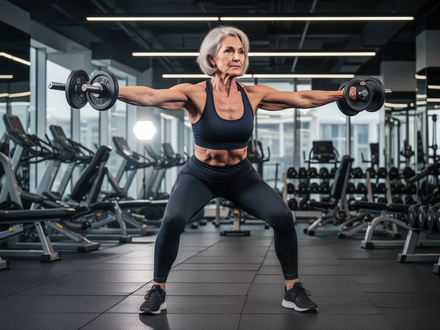 Eine Frau mittleren Alters führt Ganzkörperkrafttraining in einem modernen Fitnessstudio durch, um Kraft und Beweglichkeit in den Wechseljahren zu fördern. - Foto: über boerse-global.de