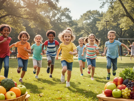Gesunde Kinder spielen im Freien, im Hintergrund unscharf Obst und Gemüse, symbolisiert Wachstum und Ernährung. - Foto: über boerse-global.de