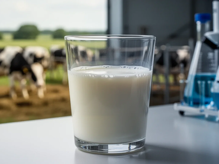 Ein Glas Rohmilch mit unscharfem Hintergrund, der eine Farm oder ein Labor andeutet und die Spannung zwischen Natur und Risiko darstellt. - Foto: über boerse-global.de