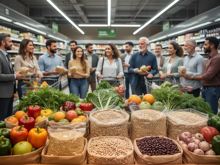 Menschen wählen gesunde Lebensmittel in einem Supermarkt, mit Fokus auf frisches Obst, Gemüse und Vollkornprodukte in einem hellen Gang. - Foto: über boerse-global.de