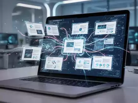 A laptop screen showing interconnected digital document and presentation templates with AI integration graphics. - Foto: über boerse-global.de