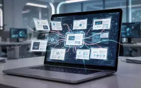 A laptop screen showing interconnected digital document and presentation templates with AI integration graphics. - Foto: über boerse-global.de
