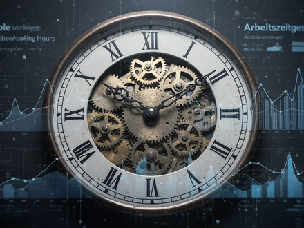 Ein stilisiertes Zifferblatt mit Zahnrädern und subtilen Datenvisualisierungen, das flexible Arbeitszeiten und das Arbeitszeitgesetz symbolisiert. - Foto: über boerse-global.de