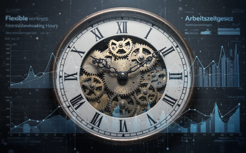 Ein stilisiertes Zifferblatt mit Zahnrädern und subtilen Datenvisualisierungen, das flexible Arbeitszeiten und das Arbeitszeitgesetz symbolisiert. - Foto: über boerse-global.de