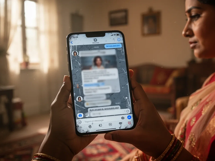 A woman's hand holds a smartphone displaying a messaging app with a blurred, distressed message, set against a subtle Indian background. - Foto: über boerse-global.de