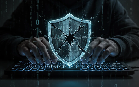 Hacker's hands on a keyboard with a broken shield icon, symbolizing a data breach at a dental insurer. - Foto: über boerse-global.de