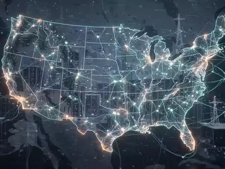 A glowing neural network symbolizing AI policy and innovation, superimposed over a faint map of the United States with integrated data centers. - Foto: über boerse-global.de