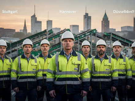 Spezialisten der Abfallwirtschaft in Arbeitskleidung vor einer modernen Sortieranlage mit verschwommenen Stadtsilhouetten im Hintergrund. - Foto: über boerse-global.de