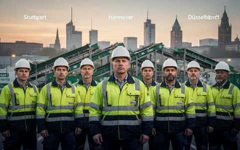 Spezialisten der Abfallwirtschaft in Arbeitskleidung vor einer modernen Sortieranlage mit verschwommenen Stadtsilhouetten im Hintergrund. - Foto: über boerse-global.de