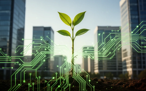 Ein stilisiertes, leuchtend grünes Schaltbrett verschmilzt mit einem wachsenden Setzling, der Technologie und Nachhaltigkeit symbolisiert. - Foto: über boerse-global.de