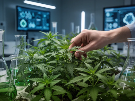 Eine Hand berührt sanft grüne Heilpflanzen in einem modernen Labor, mit unscharfen High-Tech-Geräten im Hintergrund. - Foto: über boerse-global.de