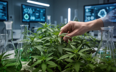Eine Hand berührt sanft grüne Heilpflanzen in einem modernen Labor, mit unscharfen High-Tech-Geräten im Hintergrund. - Foto: über boerse-global.de