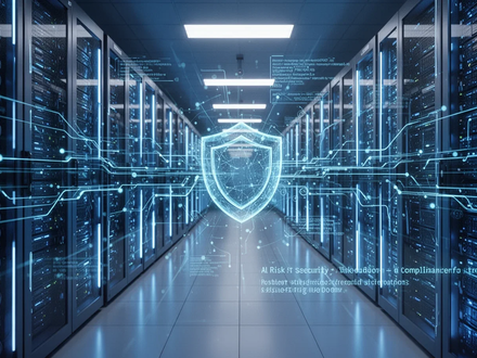 Ein futuristisches Rechenzentrum mit leuchtend blauen Serverracks und digitalen Überlagerungen, die Cybersicherheit und Datenflüsse symbolisieren. - Foto: über boerse-global.de
