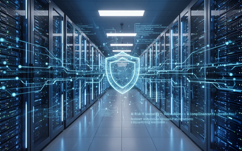 Ein futuristisches Rechenzentrum mit leuchtend blauen Serverracks und digitalen Überlagerungen, die Cybersicherheit und Datenflüsse symbolisieren. - Foto: über boerse-global.de