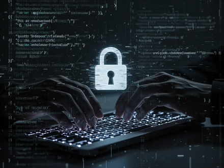 Schattenhafte Hände tippen auf einer leuchtenden Tastatur mit einer verzerrten digitalen Oberfläche, die Code und ein Vorhängeschloss zeigt. - Foto: über boerse-global.de